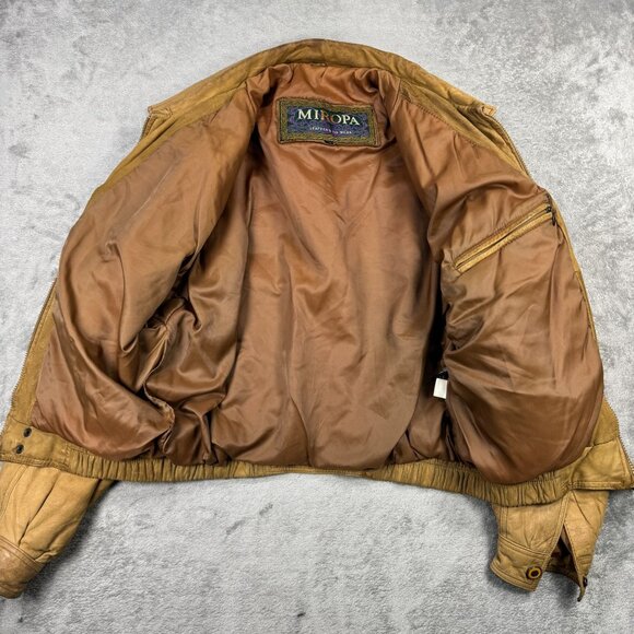Vintage Miropa Leather Bomber Jacket Tan Distressed 90s Retro Moto Style Mens M - Picture 2 of 13